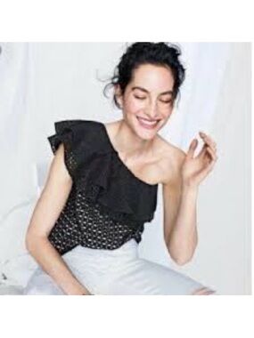 J. Crew One Shoulder Eyelet Lace Top Black Ruffle Sheer Blouse NWT Size 0